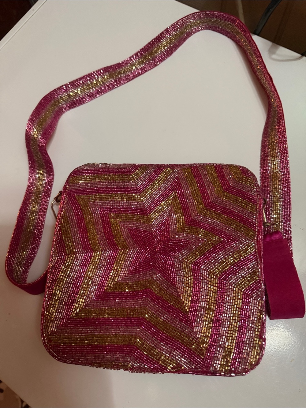 Pink and Gold Beaded Star Sunburst Crossbody Bag,